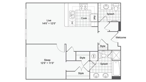 a floor plan of a studio apartment with a bedroom and a living room