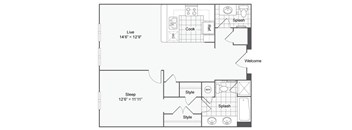 a floor plan of a studio apartment with a bedroom and a living room