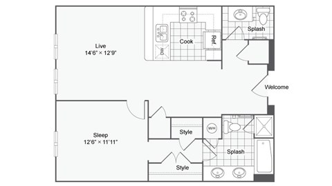 a floor plan of a studio apartment with a bedroom and a living room