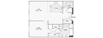 a floor plan of a studio apartment with a bedroom and a living room