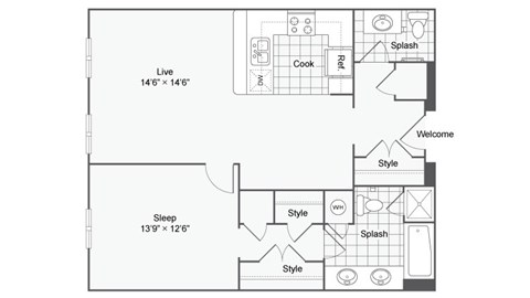 a floor plan of a studio apartment with a bedroom and a living room