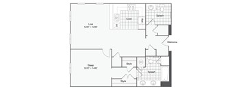 a floor plan of a small apartment with a bedroom and a living room