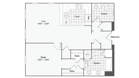a floor plan of a small apartment with a bedroom and a living room