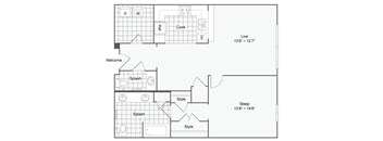 a floor plan of a 1 story apartment with a bedroom and a living room