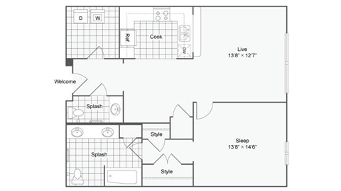 a floor plan of a 1 story apartment with a bedroom and a living room