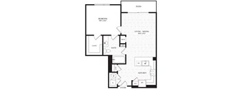 A black and white floor plan of a house with a patio, bedroom, living/dining area, kitchen, and entry.