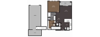 A floor plan of a house with a garage, a living room, a dining room, a kitchen, a bathroom, and a storage area.