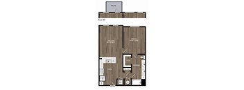 A floor plan of a kitchen with a layout that includes a dining area, a living area, and a kitchen area.