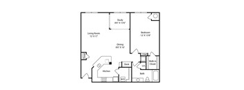 A black and white image of a floor plan for a small apartment.