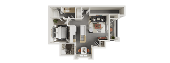 A top-down view of a small apartment layout with a kitchen, living room, and bedroom.