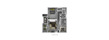 A floor plan of a small apartment with a bedroom, living room, and kitchen.