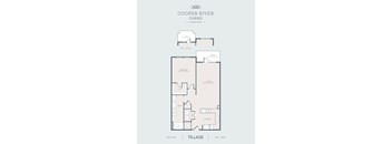 A floor plan for a Cooper River Farms property shows a living room, two bedrooms, a bathroom, a kitchen, and a patio.
