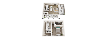 A top-down view of a small, neatly organized apartment with a kitchen, living room, and bedroom.