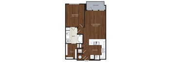 A floor plan of a home with a bedroom, living/dining area, kitchen, bathroom, and entry.