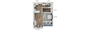 A floor plan of a small apartment with a living room, kitchen, and two bedrooms.