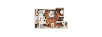 A detailed 3D floor plan of a house layout.