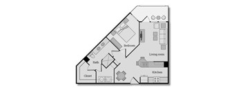 783 sq ft one bedroom one bathroom floorplan with balcony, walk-in closet, and dual vanity