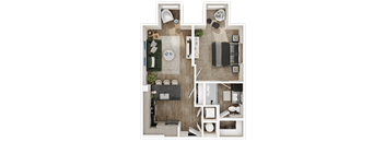 A top-down view of a house layout with a kitchen, living room, and bathroom.