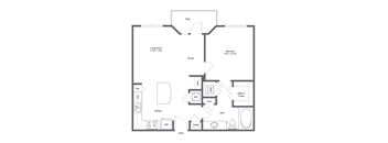 A floor plan of a home with a living room, dining room, kitchen, bathroom, bedroom, and entry.