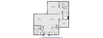 A floor plan of a house with a bedroom, living room, kitchen, study, bathroom, and closet.