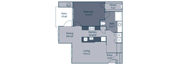 A floor plan of a house with a living room, dining room, kitchen, bedroom, bathroom, and closet.