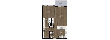 A floor plan of a house with a living room, dining room, kitchen, and two bathrooms.