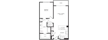 A floor plan of a home with a bedroom, bathroom, living/dining area, kitchen, closet, and entry.