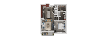 A cutaway view of a dollhouse showing the interior of a room with furniture and accessories.
