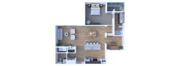 A top-down view of a small apartment with a kitchen, living room, and bedroom.