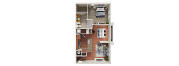 A top-down view of a small apartment with a kitchen, living room, and bedroom.