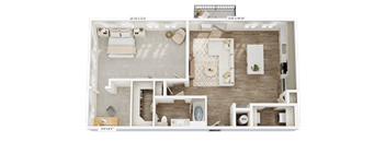 A floor plan of a house with a living room, kitchen, and two bedrooms.