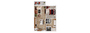 A top-down view of a living room with a couch, chairs, and a coffee table.