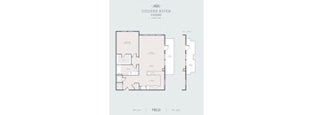 A floor plan for a property at Cooper River Farms shows a bedroom, bathroom, living room, dining room, kitchen, and two patios.