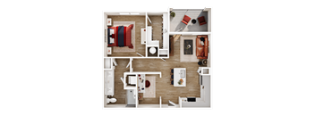 A top-down view of a small apartment layout with a kitchen, living room, and bathroom.
