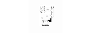 A floor plan of a small apartment with a living room, dining room, bedroom, and entry.