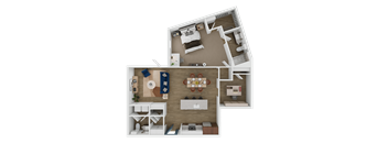 A 3D floor plan of a house showing a kitchen, living room, and two bedrooms.