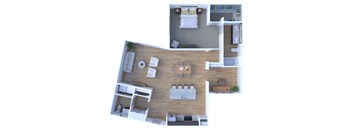 A top-down view of a small apartment with a living room, kitchen, and bedroom.