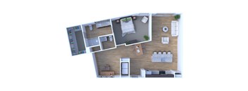 A top-down view of a small apartment with a bedroom, living room, and kitchen.