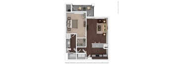 A 3D rendered image of a floor plan of a house.