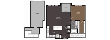 A floor plan of a house with a garage, a living room, a dining room, a kitchen, and a bathroom.