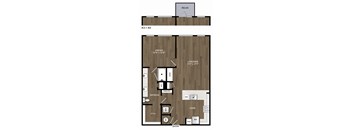 A floor plan of a one bedroom apartment with a living room, dining room, kitchen, and bathroom.