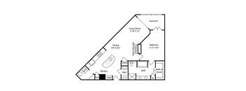 A floor plan of a small apartment with a kitchen, living room, dining area, and bathroom.