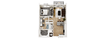 A floor plan of a small apartment with a living room, kitchen, and bathroom.