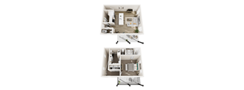 A set of three images showing different views of a small apartment.