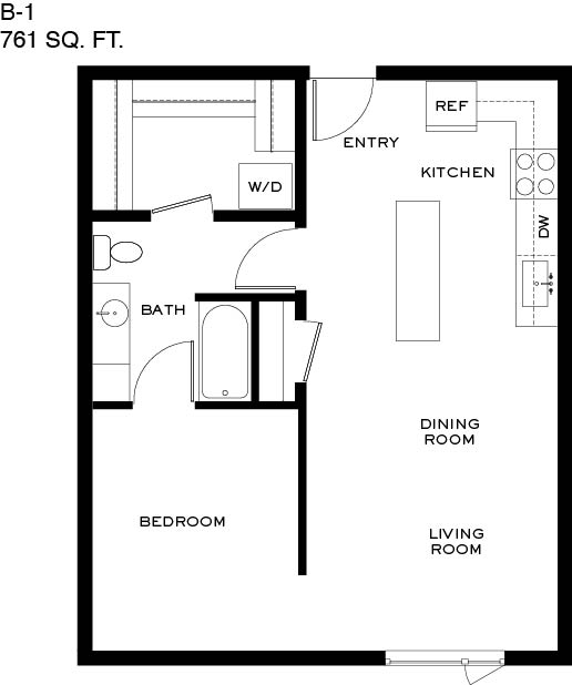 A floor plan of a 761 square foot home with a bedroom, living room, dining room, kitchen, and bathroom.