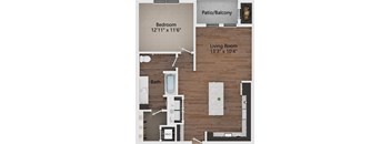 A floor plan of a small apartment with a bedroom, living room, bathroom, and patio.