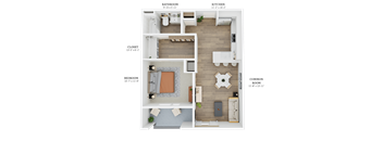 A floor plan of a small apartment with a bathroom, kitchen, bedroom, and common room.