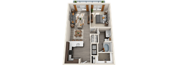 A top-down view of a small apartment with a living room, kitchen, and bathroom.