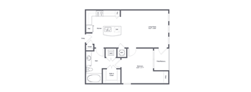 A floor plan of a home with a living room, dining room, kitchen, bathroom, bedroom, and pantry.