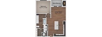 A floor plan of a small apartment with a bedroom, living room, bathroom, and kitchen.
